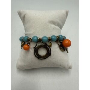Nautical Charm Stretch Bracelet Turquoise Orange Beads Ships Wheel Life Ring‎